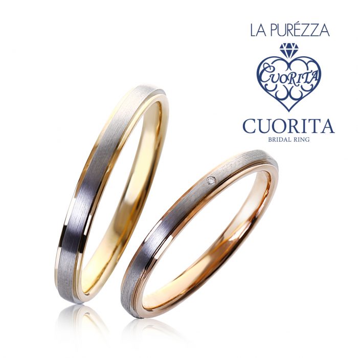 つや消し面のプラチナと、フチを彩るゴールドのコントラストが美しい結婚指輪です